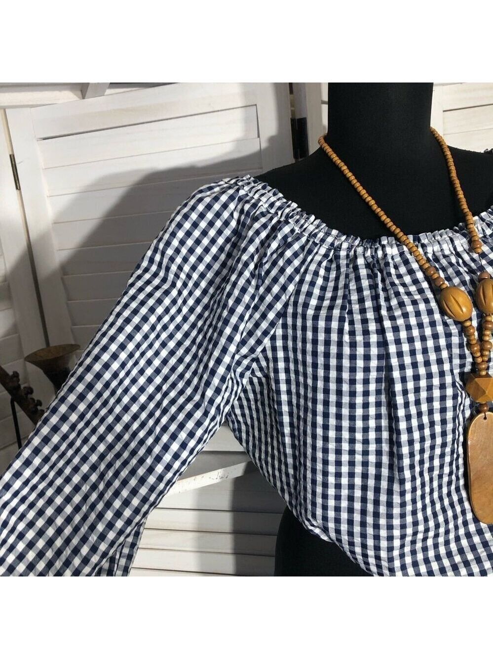 Gingham blouse off-shoulder tie waist coastal country cottage western festival M - Picture 6 of 9